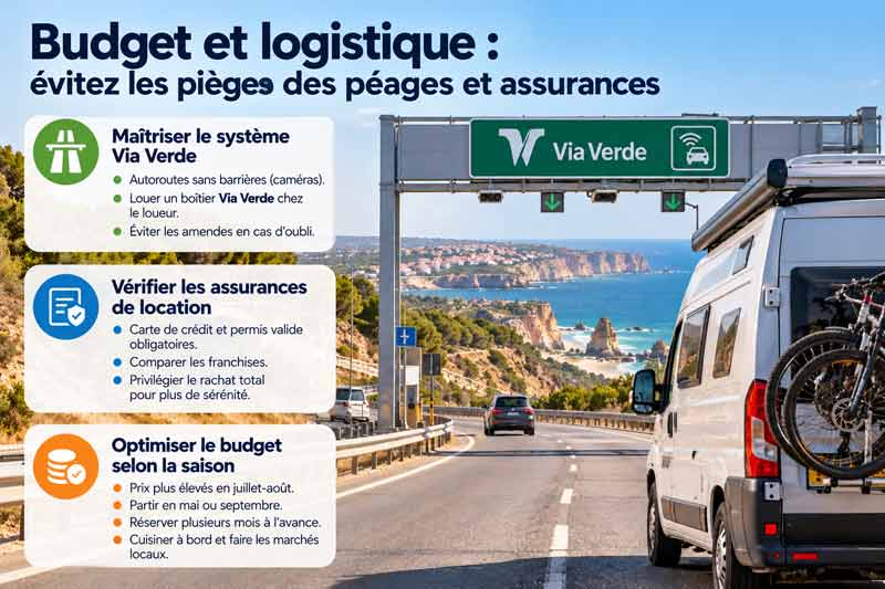 Infographie budget et logistique pour un road trip en van au Portugal : péages électroniques Via Verde, assurances de location et prix selon la saison