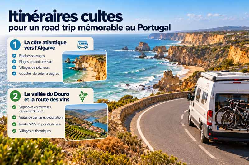 Infographie des itinéraires cultes en van au Portugal : la côte atlantique jusqu'en Algarve et la route des vins de la vallée du Douro