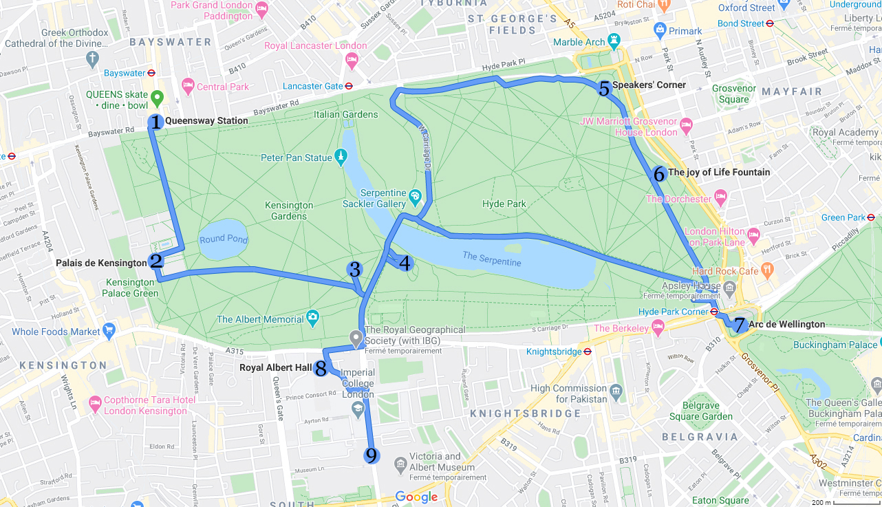 Itinéraire d'une balade à vélo à Hyde Park