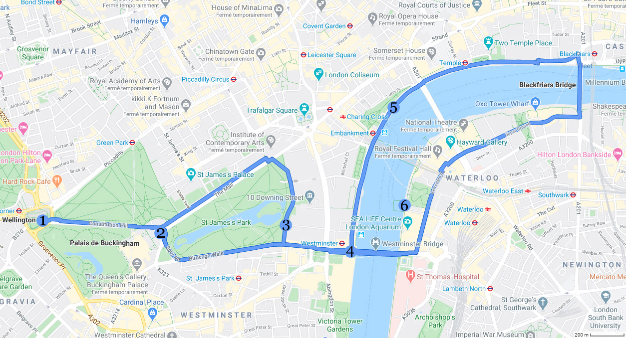 Itinéraire
d'une balade à vélo autour de St James’s park et le long de la Tamise