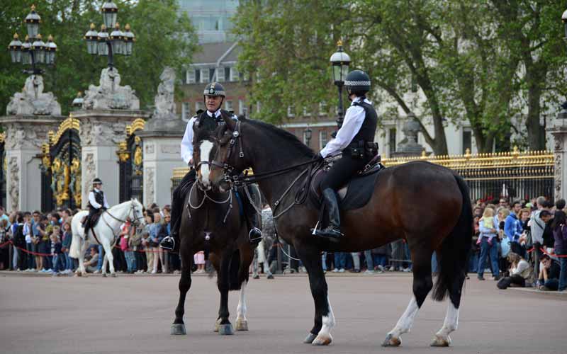 Des gardes à cheval encadrent la relève de la garde.