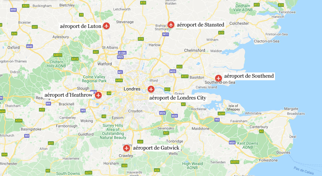 Carte des aroports de Londres