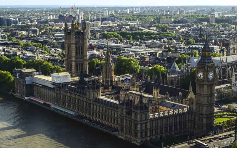 Vue du ciel sur les maisons du parlement