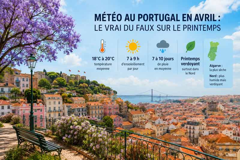 Infographie météo Portugal en avril à Lisbonne : température moyenne 18°C à 20°C, ensoleillement, jours de pluie, printemps verdoyant, 
							vue sur les toits de l'Alfama depuis un belvédère fleuri de jacarandas