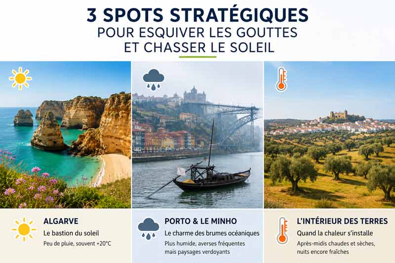 3 spots stratégiques au Portugal en avril : falaises et plage de l'Algarve, bateau rabelo sur le Douro à Porto avec le pont 
							Dom Luís dans la brume, village perché de l'Alentejo entouré d'oliviers