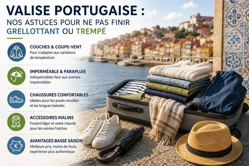 valise pour le Portugal en avril : coupe-vent, imperméable, chaussures confortables, vêtements pliés dans une valise ouverte 
							avec chapeau et azulejos en arrière-plan à Porto