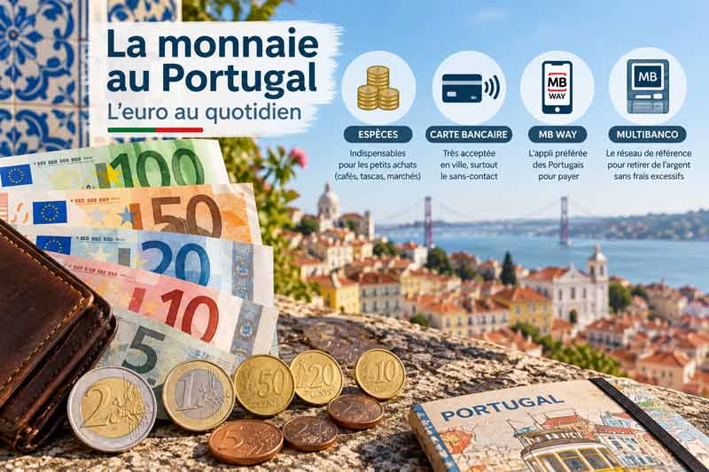 La monnaie au Portugal, l'euro au quotidien : billets de 5 à 100 euros et pièces posés sur un muret face à Lisbonne et au pont du 25 Avril, 
							avec les quatre moyens de paiement espèces, carte bancaire, MB Way et Multibanco