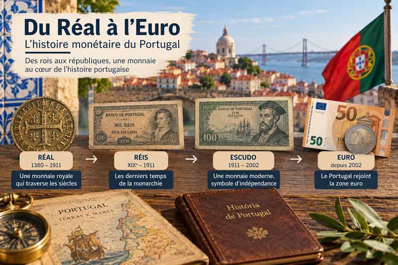 Du Réal à l'Euro, l'histoire de la monnaie Portugal : pièce de réal, anciens billets de réis et d'escudo, puis billet de 50 euros et pièce de 
							2 euros posés sur une table en bois, avec drapeau portugais, vieille carte et livre d'histoire devant les toits de Lisbonne