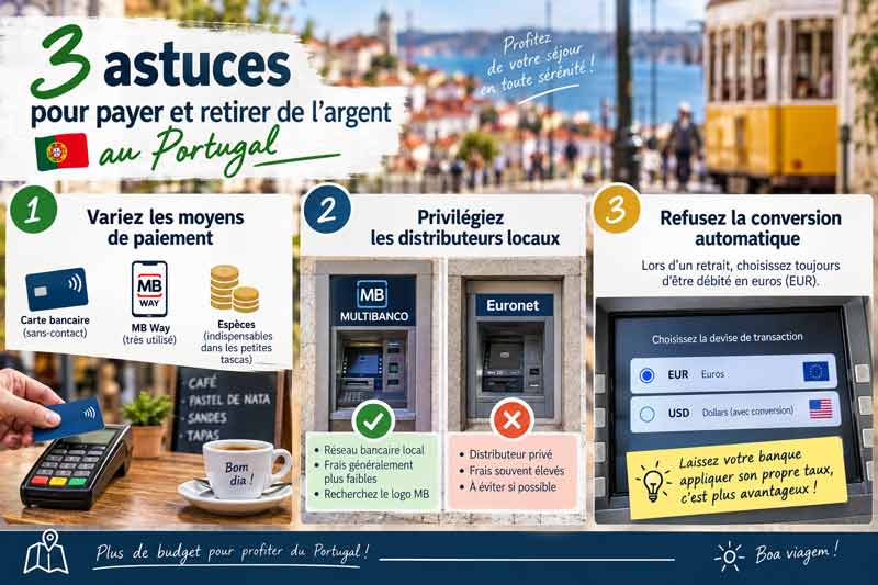 3 astuces pour payer et retirer de la monnaie au Portugal : varier carte sans contact, MB Way et espèces, privilégier les distributeurs 
							Multibanco plutôt qu'Euronet, et refuser la conversion automatique en choisissant d'être débité en euros, avec un tramway jaune et une terrasse de café à Lisbonne en arrière-plan