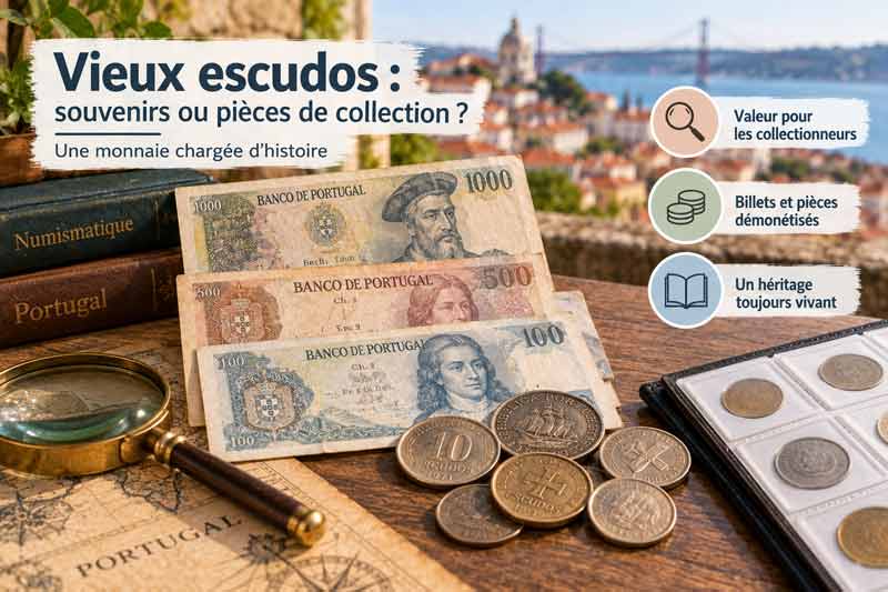 Monnaie Portugal avec vieux escudos, souvenirs ou pièces de collection : anciens billets de 100, 500 et 1000 escudos et pièces démonétisées 
							posés sur une table en bois avec une loupe, une carte du Portugal, des livres de numismatique et un classeur de pièces, face à un panorama de Lisbonne