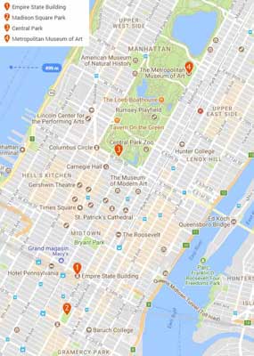 Carte du trajet de la première journée de votre week-end à New York