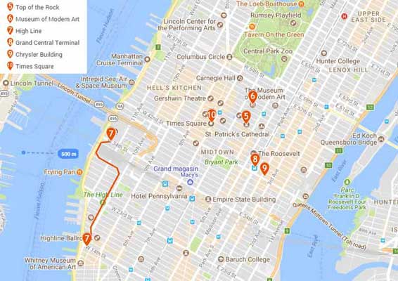 Carte du trajet de la deuxième journée de votre week-end à New York