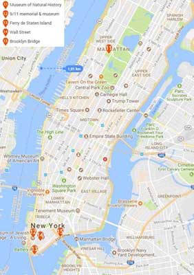 Carte du trajet de la troisième journée de votre week-end à New York