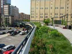 Parc urbain suspendu de la High Line du Meatpacking District avec des voitures qui circulent en dessous