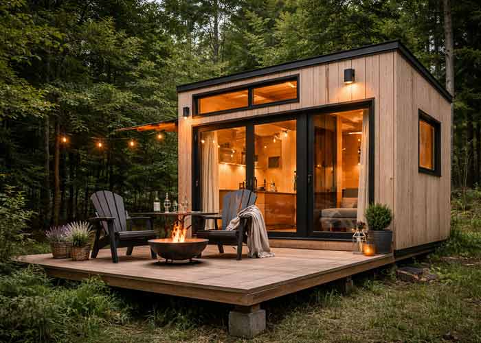 Tiny house moderne install�e en pleine for�t alsacienne avec terrasse et coin feu ext�rieur