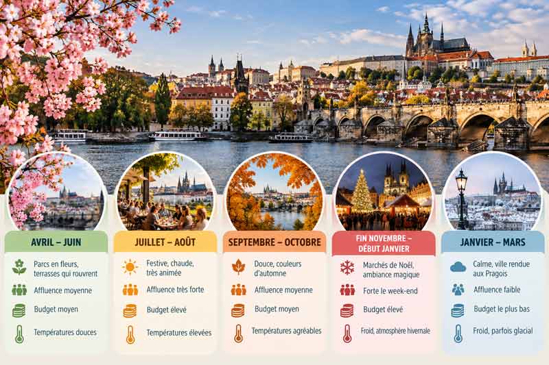 Infographie des meilleures périodes pour un week-end à Prague selon la saison, avec le pont Charles et le château au bord de la Vltava