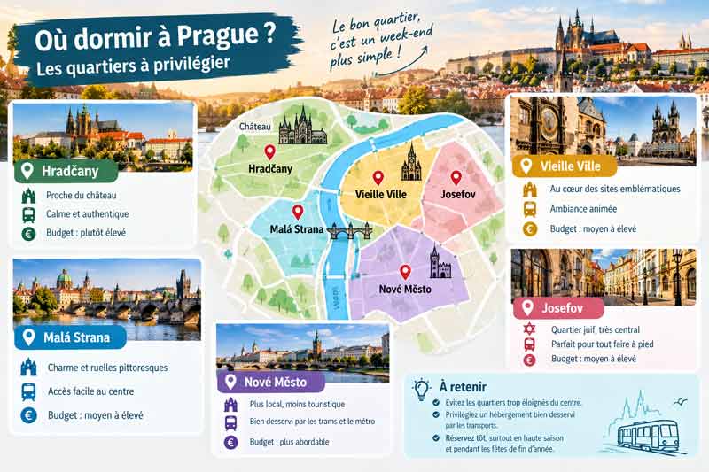 Carte des quartiers où dormir à Prague lors d’un week-end : Hradčany, Malá Strana, Vieille Ville, Josefov et Nové Město