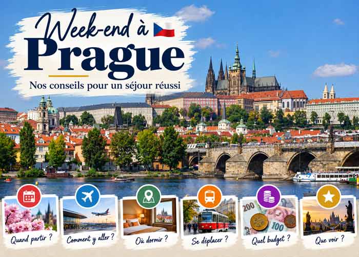 Banni�re de conseils pour organiser un week-end � Prague, avec le ch�teau, la cath�drale Saint-Guy et le pont Charles au bord de la Vltava