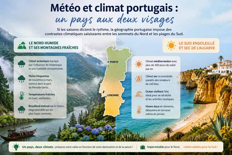 Infographie comparant le climat du nord humide et montagneux du Portugal à celui du sud sec et ensoleillé de l'Algarve, avec
carte du pays et paysages illustrant chaque région