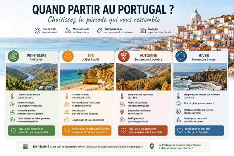 Infographie qui répond à la question quand partir au Portugal, récapitulant les quatre saisons avec température, affluence, prix et
activités conseillées pour le printemps, l'été, l'automne et l'hiver