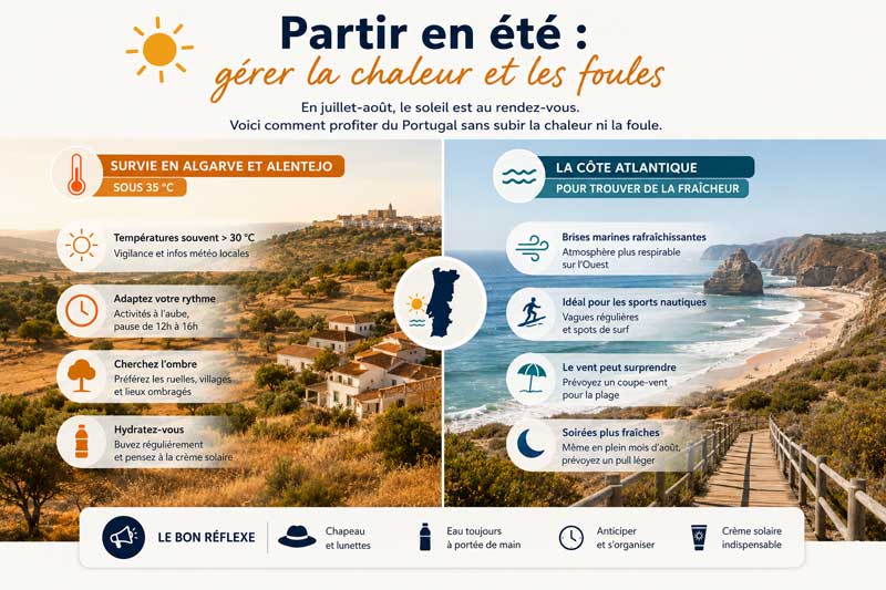 Infographie sur les précautions à prendre en été au Portugal, opposant la chaleur de l'Algarve et de l'Alentejo à la fraîcheur
de la côte atlantique, avec les bons réflexes à adopter