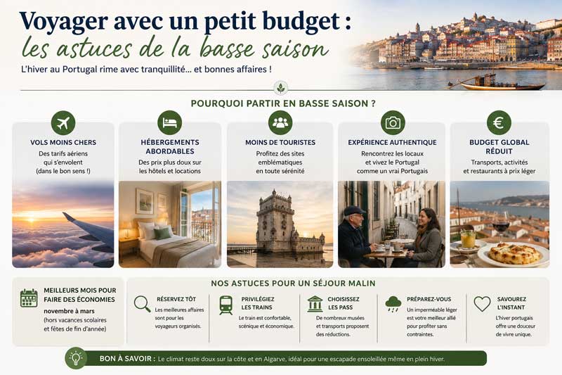 Infographie présentant les avantages de voyager au Portugal en basse saison hivernale, avec les astuces pratiques pour
économiser sur le budget, l'hébergement et les visites