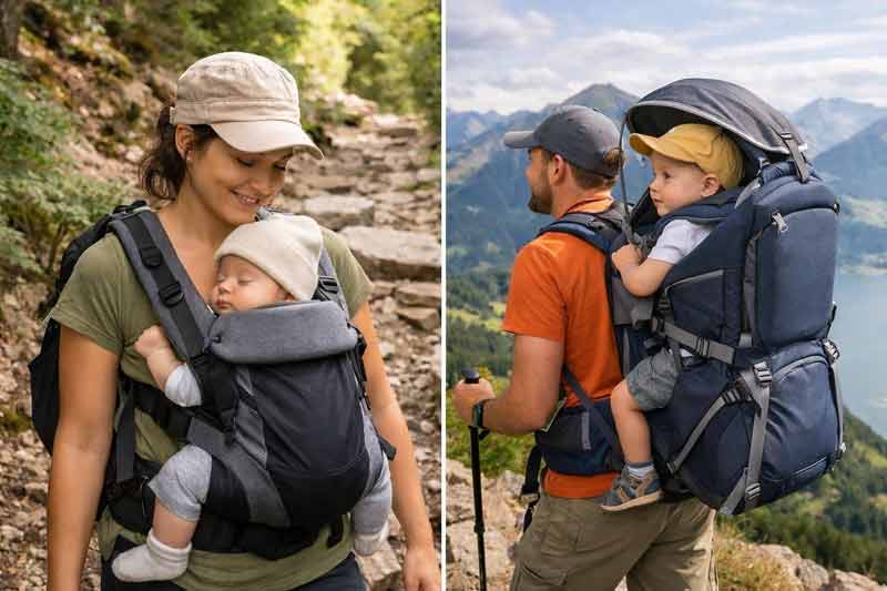 Randonnée en famille avec bébé en porte-bébé, parents marchant sur sentier de montagne avec paysage naturel