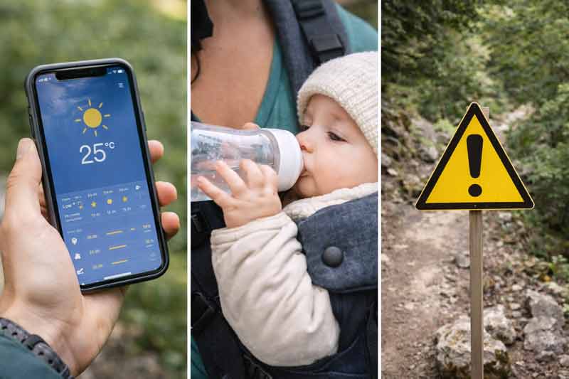 Conseils randonnée avec bébé : météo, hydratation et sécurité sur sentier de montagne en famille