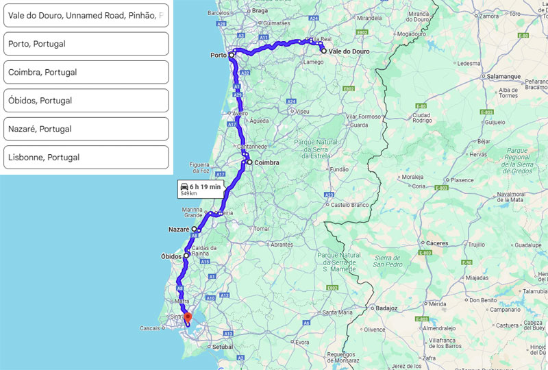 carte de l’itinéraire d’un road trip entre la vallée du Douro et Lisbonne (Portugal)