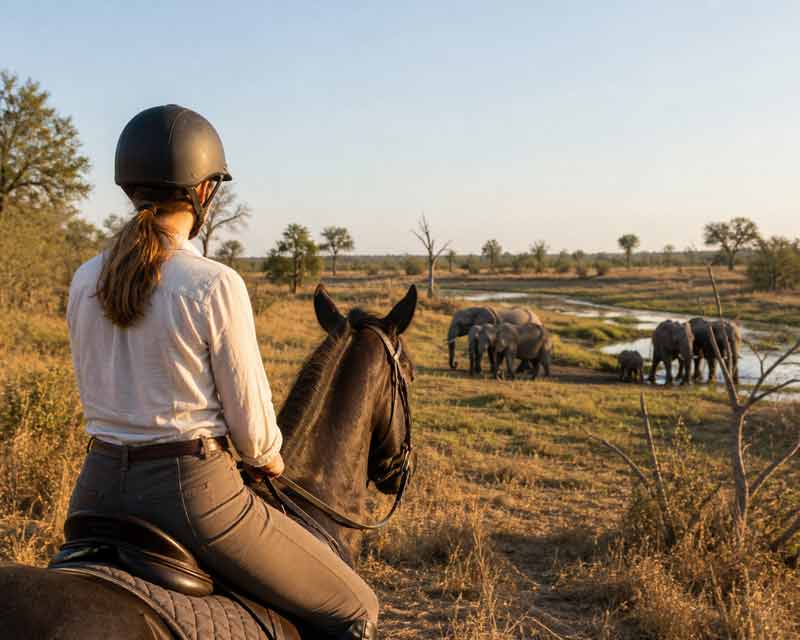 safari à cheval en Afrique : cavalière observant un troupeau d'éléphants près d'un point d'eau
