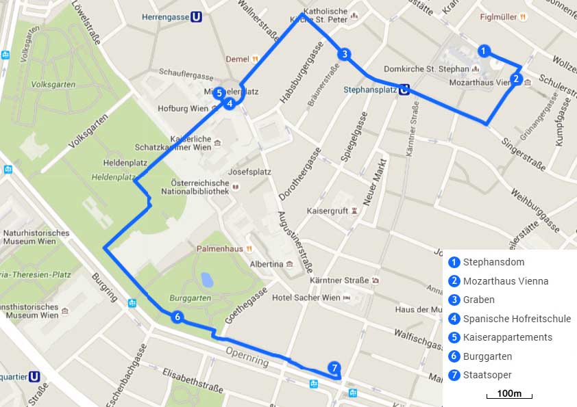 Carte de l'itinéraire de la première journée d'un week-end à Vienne