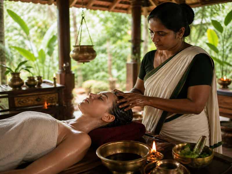 soin ayurvédique, massage à l'huile dans un centre de cure au Kerala, Inde
