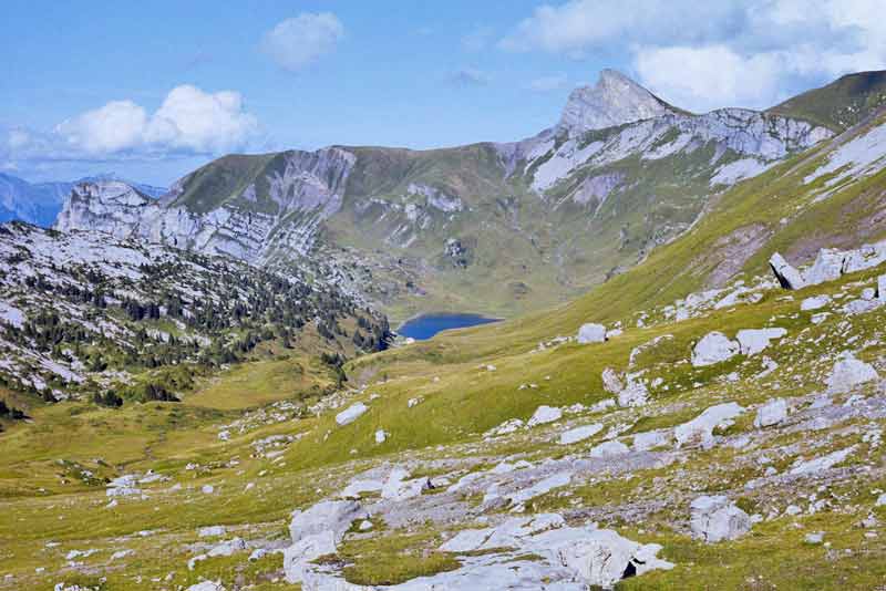 Paysage de montagne sauvage dans les Alpes du Sud avec vallée rocheuse, pâturages et lac d’altitude en arrière-plan