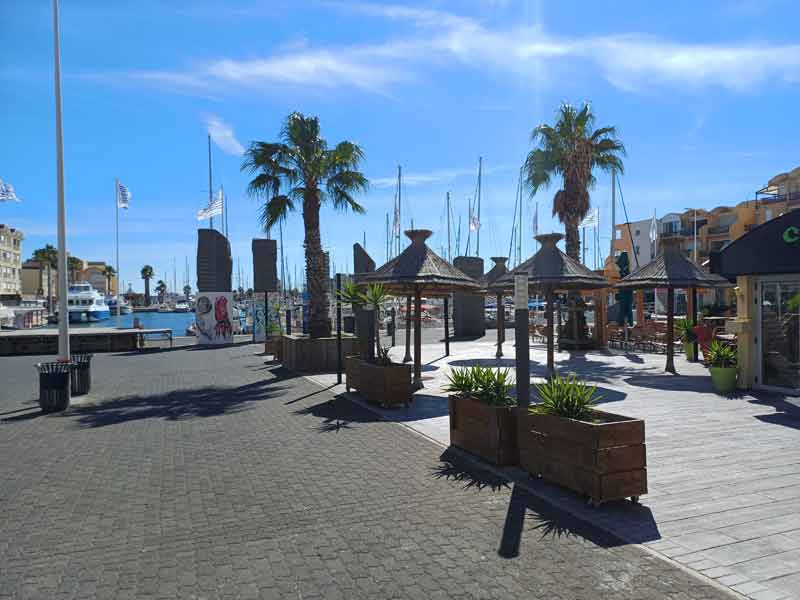 Promenade du port de Gruissan, palmiers, terrasses et douceur de vivre sur le littoral audois