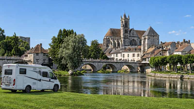 Camping-car stationné au bord du Loing, face au pont et à l'église Notre-Dame de Moret-sur-Loing