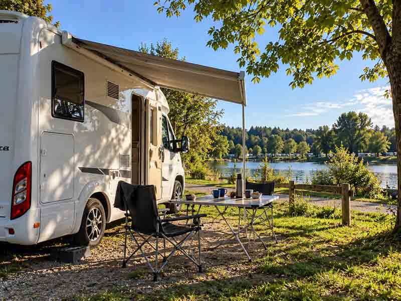 Pause petit-déjeuner au soleil devant un camping-car, au bord de l'eau en Seine-et-Marne