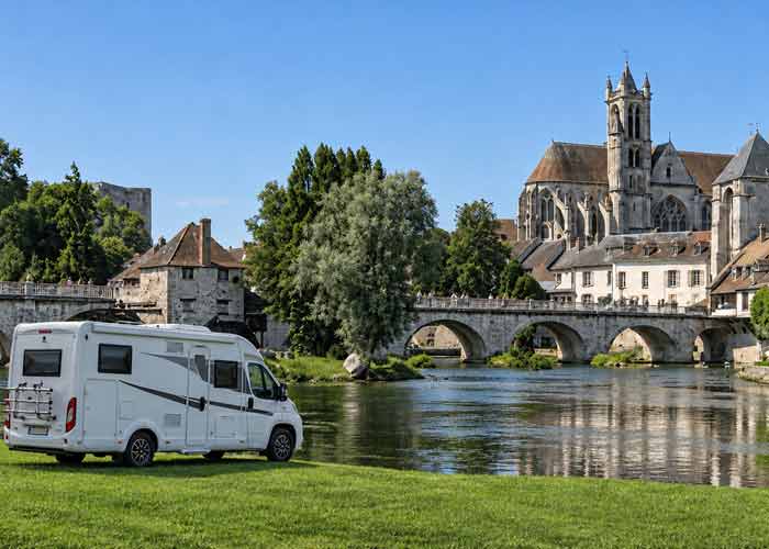 Camping-car stationné au bord du Loing, face au pont et à l'église Notre-Dame de Moret-sur-Loing