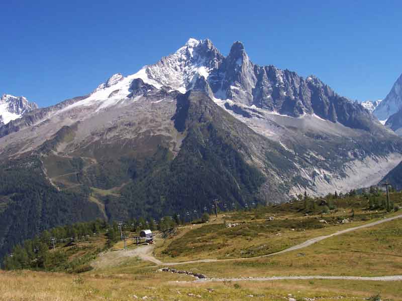 Vue depuis La Flégère sur le massif du Mont-Blanc et les sommets enneigés dominant la vallée de Chamonix