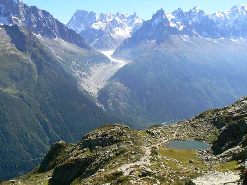 Panorama sur la vallée de Chamonix et les glaciers du massif du Mont-Blanc depuis l’itinéraire du lac Blanc