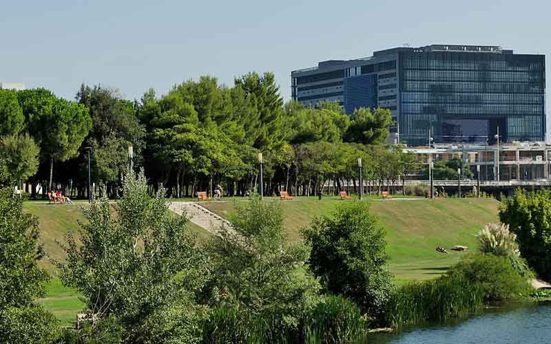 Hôtel de ville de Montpellier vu depuis les rives du Lez