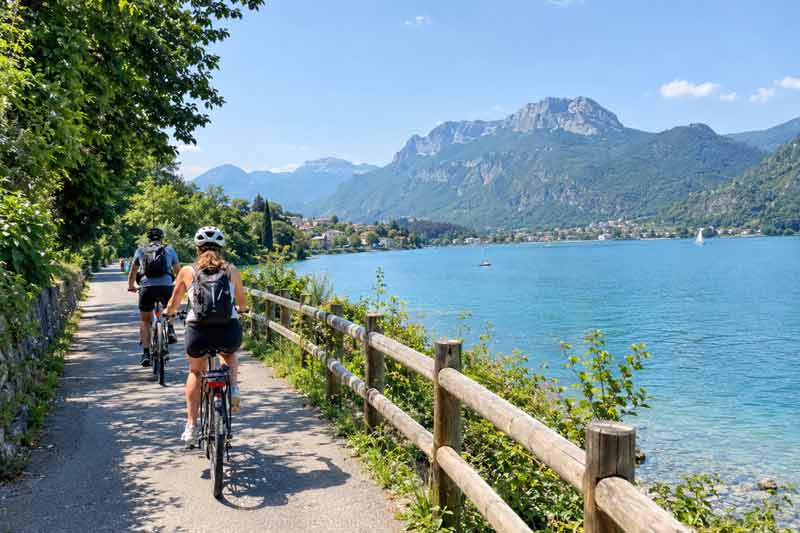 Deux cyclistes sur la voie verte de la rive ouest du lac d’Annecy, entre eaux turquoise et montagnes, lors d’un week-end sportif autour d’Annecy